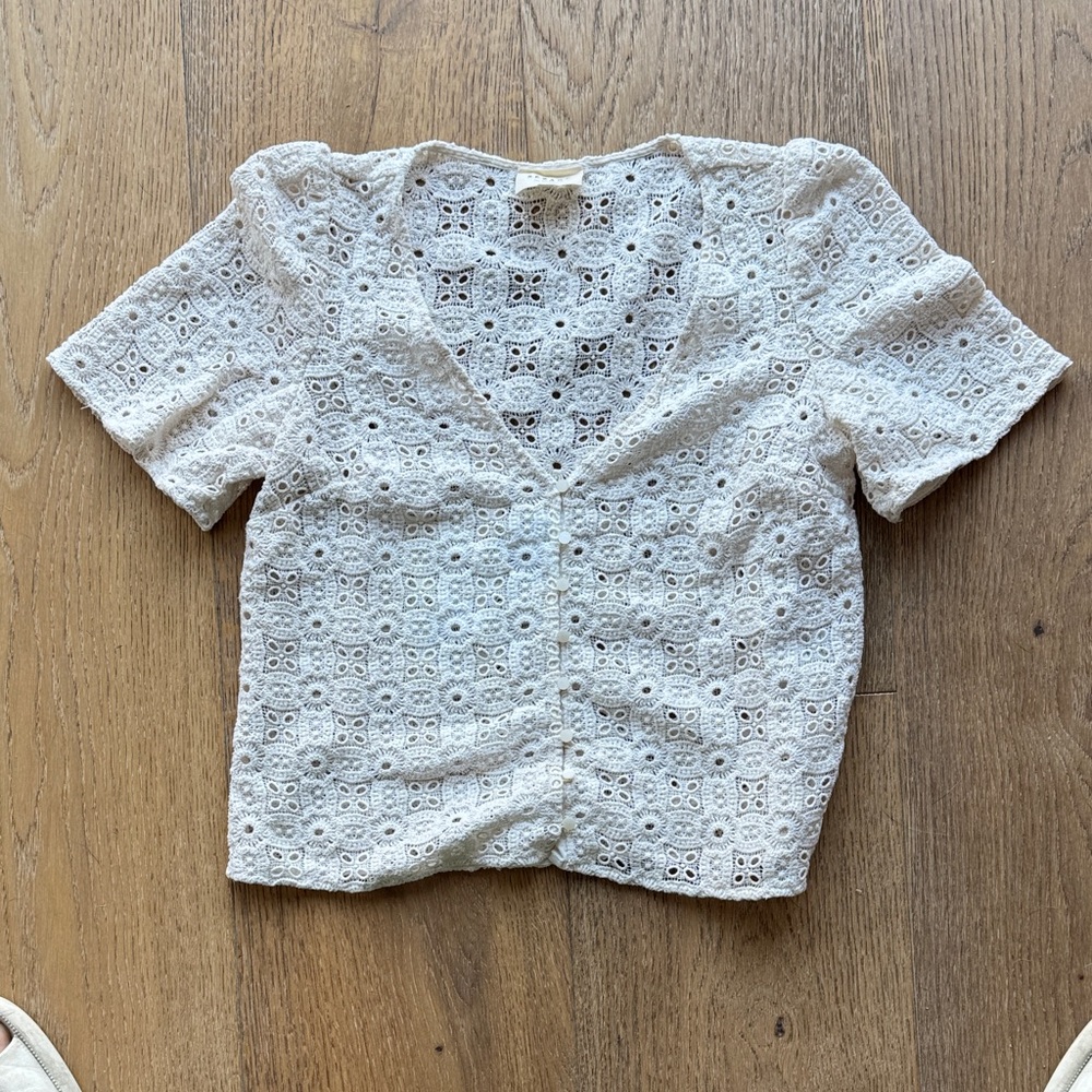 Sezane Emma Blouse Elegant White Eyelet Lace Top